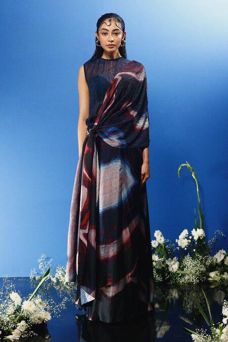 Shop_Forty Four_Multi Color Chiffon, Satin, Hemp, Handloom Abstract Wave Print Drape Skirt Set