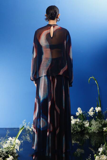 Shop Forty Four Multi Color Chiffon, Satin, Silk, Hemp Abstract Wave Print Corset Dress Pant Set at Aza Fashions Shop_Forty Four_Multi Color Chiffon, Satin, Silk, Hemp Abstract Wave Print Corset Dress Pant Set_at_Aza_Fashions