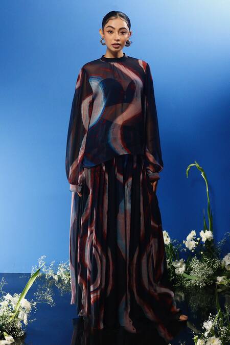 Forty Four Multi Color Chiffon, Satin, Silk, Hemp Abstract Wave Print Corset Dress Pant Set Online at Aza Fashions Forty Four_Multi Color Chiffon, Satin, Silk, Hemp Abstract Wave Print Corset Dress Pant Set_Online_at_Aza_Fashions