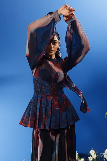 Shop Forty Four Multi Color Chiffon, Satin, Silk, Hemp Abstract Wave Print Corset Dress Pant Set Online at Aza Fashions Shop_Forty Four_Multi Color Chiffon, Satin, Silk, Hemp Abstract Wave Print Corset Dress Pant Set_Online_at_Aza_Fashions