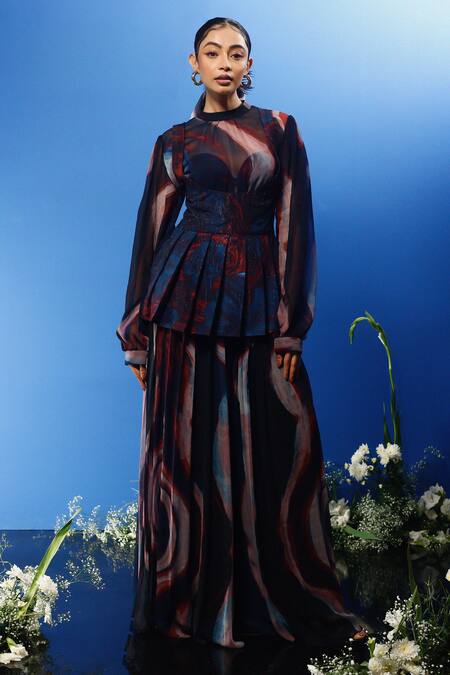 Forty Four Multi Color Chiffon, Satin, Silk, Hemp Abstract Wave Print Corset Dress Pant Set at Aza Fashions Forty Four_Multi Color Chiffon, Satin, Silk, Hemp Abstract Wave Print Corset Dress Pant Set_at_Aza_Fashions