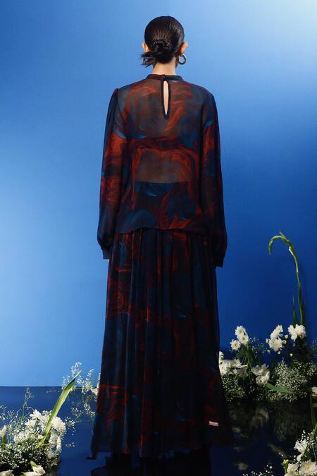 Shop Forty Four Multi Color Silk, Chiffon, Satin Stones Round Wave Print Corset Dress Pant Set at Aza Fashions Shop_Forty Four_Multi Color Silk, Chiffon, Satin Stones Round Wave Print Corset Dress Pant Set_at_Aza_Fashions