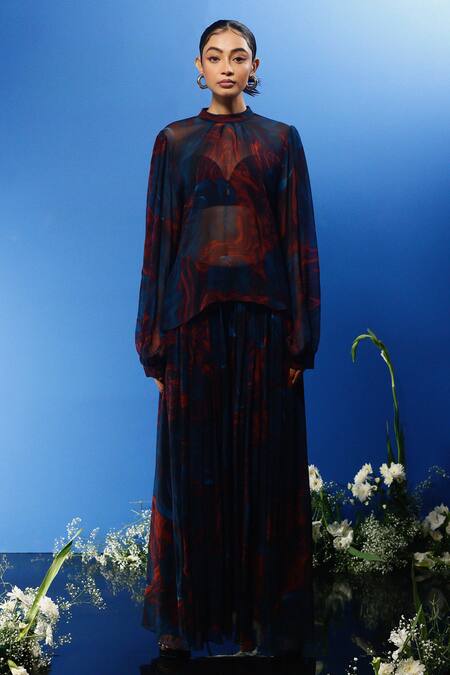 Forty Four Multi Color Silk, Chiffon, Satin Stones Round Wave Print Corset Dress Pant Set Online at Aza Fashions Forty Four_Multi Color Silk, Chiffon, Satin Stones Round Wave Print Corset Dress Pant Set_Online_at_Aza_Fashions