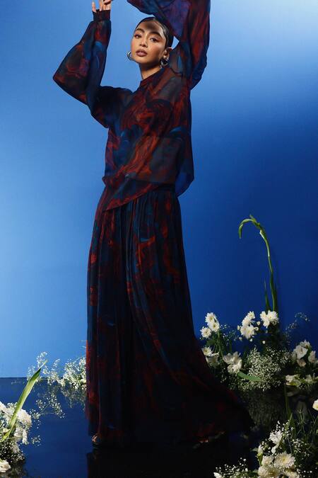 Buy Forty Four Multi Color Silk, Chiffon, Satin Stones Round Wave Print Corset Dress Pant Set Online at Aza Fashions Buy_Forty Four_Multi Color Silk, Chiffon, Satin Stones Round Wave Print Corset Dress Pant Set_Online_at_Aza_Fashions