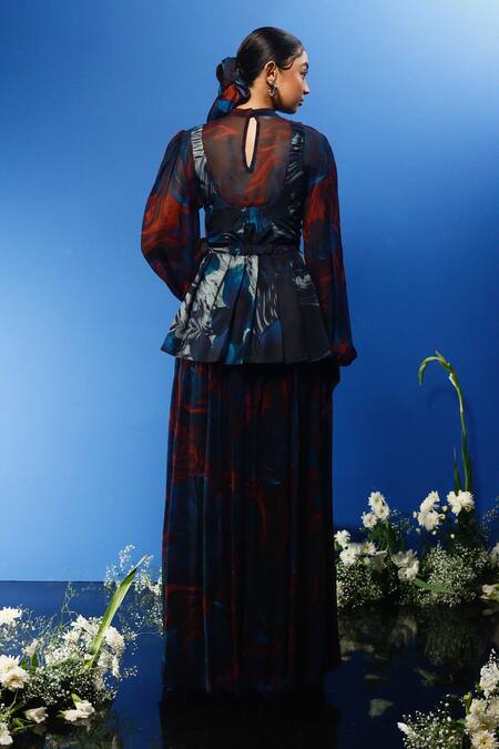 Shop Forty Four Multi Color Silk, Chiffon, Satin Stones Round Wave Print Corset Dress Pant Set Online at Aza Fashions Shop_Forty Four_Multi Color Silk, Chiffon, Satin Stones Round Wave Print Corset Dress Pant Set_Online_at_Aza_Fashions