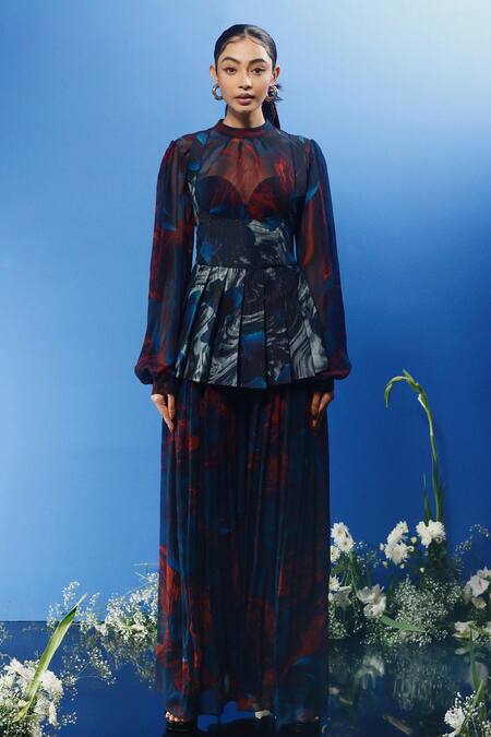 Forty Four Multi Color Silk, Chiffon, Satin Stones Round Wave Print Corset Dress Pant Set at Aza Fashions Forty Four_Multi Color Silk, Chiffon, Satin Stones Round Wave Print Corset Dress Pant Set_at_Aza_Fashions