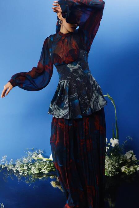 Buy Forty Four Multi Color Silk, Chiffon, Satin Stones Round Wave Print Corset Dress Pant Set Buy_Forty Four_Multi Color Silk, Chiffon, Satin Stones Round Wave Print Corset Dress Pant Set