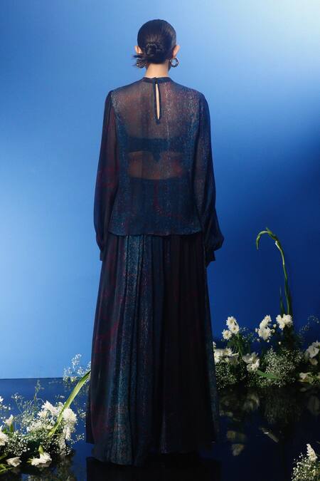 Shop Forty Four Multi Color Chiffon, Satin, Silk, Hemp Wave Abstract Print Corset Dress Pant Set at Aza Fashions Shop_Forty Four_Multi Color Chiffon, Satin, Silk, Hemp Wave Abstract Print Corset Dress Pant Set_at_Aza_Fashions