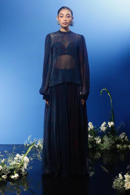 Forty Four Multi Color Chiffon, Satin, Silk, Hemp Wave Abstract Print Corset Dress Pant Set Online at Aza Fashions Forty Four_Multi Color Chiffon, Satin, Silk, Hemp Wave Abstract Print Corset Dress Pant Set_Online_at_Aza_Fashions