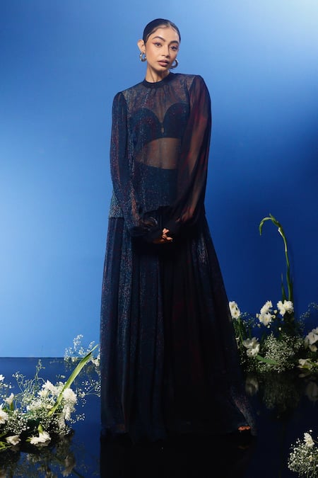 Buy Forty Four Multi Color Chiffon, Satin, Silk, Hemp Wave Abstract Print Corset Dress Pant Set Online at Aza Fashions Buy_Forty Four_Multi Color Chiffon, Satin, Silk, Hemp Wave Abstract Print Corset Dress Pant Set_Online_at_Aza_Fashions