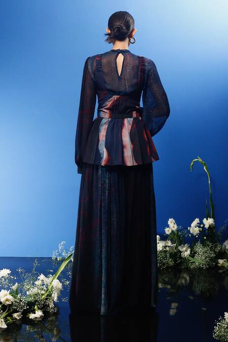 Shop Forty Four Multi Color Chiffon, Satin, Silk, Hemp Wave Abstract Print Corset Dress Pant Set Online at Aza Fashions Shop_Forty Four_Multi Color Chiffon, Satin, Silk, Hemp Wave Abstract Print Corset Dress Pant Set_Online_at_Aza_Fashions