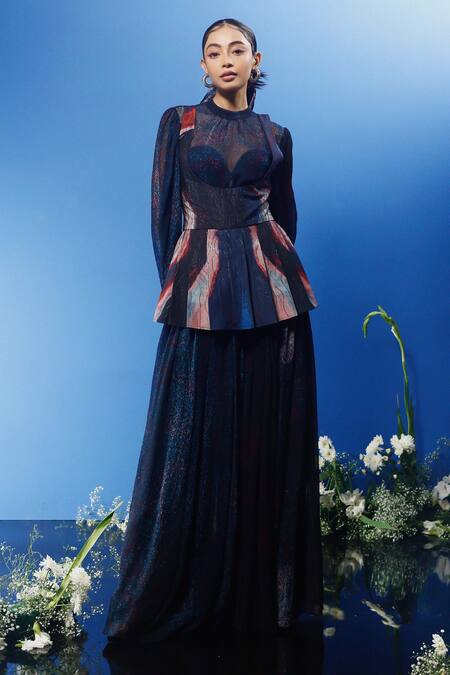 Forty Four Multi Color Chiffon, Satin, Silk, Hemp Wave Abstract Print Corset Dress Pant Set at Aza Fashions Forty Four_Multi Color Chiffon, Satin, Silk, Hemp Wave Abstract Print Corset Dress Pant Set_at_Aza_Fashions