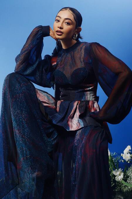 Shop Forty Four Multi Color Chiffon, Satin, Silk, Hemp Wave Abstract Print Corset Dress Pant Set Shop_Forty Four_Multi Color Chiffon, Satin, Silk, Hemp Wave Abstract Print Corset Dress Pant Set