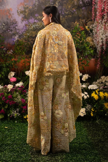 Shop Moledro Green Organza, Cotton Sequins, Alana Rhinestone Embellished Pant Set With Cape at Aza Fashions Shop_Moledro_Green Organza, Cotton Sequins, Alana Rhinestone Embellished Pant Set With Cape _at_Aza_Fashions