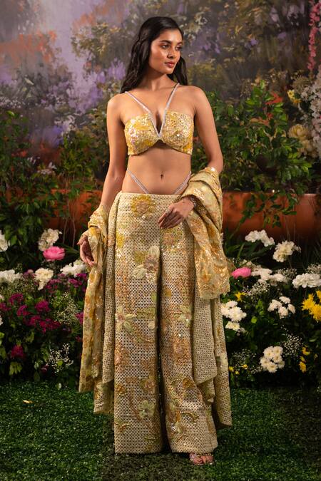 Shop Moledro Green Organza, Cotton Sequins, Alana Rhinestone Embellished Pant Set With Cape Online at Aza Fashions Shop_Moledro_Green Organza, Cotton Sequins, Alana Rhinestone Embellished Pant Set With Cape _Online_at_Aza_Fashions