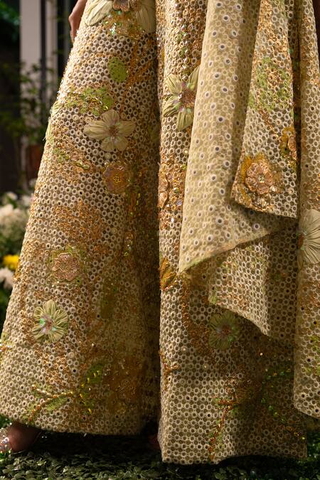 Buy Moledro Green Organza, Cotton Sequins, Alana Rhinestone Embellished Pant Set With Cape Buy_Moledro_Green Organza, Cotton Sequins, Alana Rhinestone Embellished Pant Set With Cape