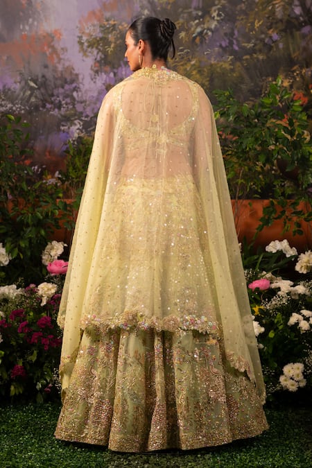 Shop Moledro Green Organza Sequins, Beads Sweetheart Garden Embroidered Bridal Lehenga Set at Aza Fashions Shop_Moledro_Green Organza Sequins, Beads Sweetheart Garden Embroidered Bridal Lehenga Set _at_Aza_Fashions