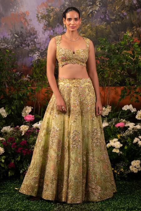 Moledro Green Organza Sequins, Beads Sweetheart Garden Embroidered Bridal Lehenga Set at Aza Fashions Moledro_Green Organza Sequins, Beads Sweetheart Garden Embroidered Bridal Lehenga Set _at_Aza_Fashions
