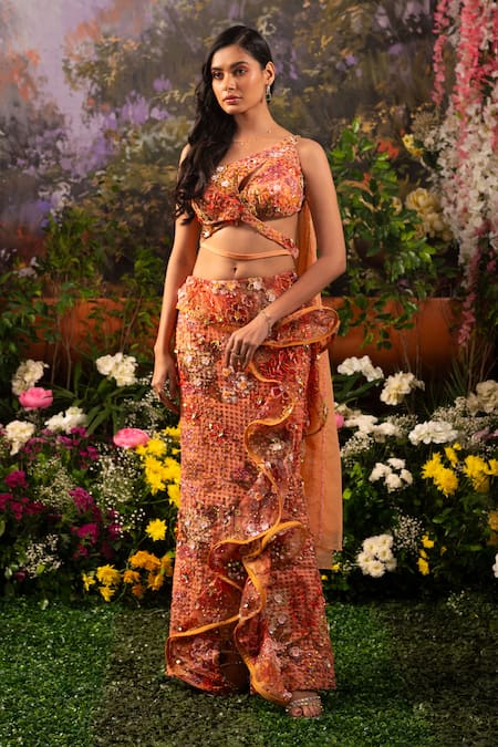 Moledro_Coral Organza, Net Beads, Sequins Mirab Ruffle Saree Skirt With Draped Blouse _Online_at_Aza_Fashions