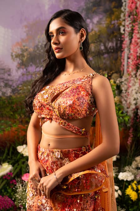 Shop_Moledro_Coral Organza, Net Beads, Sequins Mirab Ruffle Saree Skirt With Draped Blouse _Online_at_Aza_Fashions