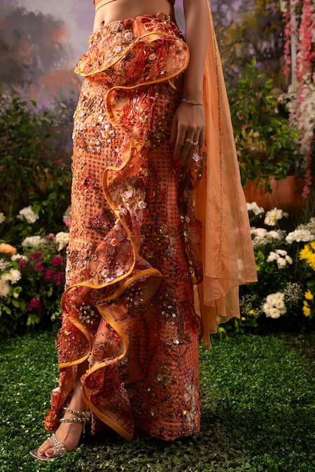 Buy_Moledro_Coral Organza, Net Beads, Sequins Mirab Ruffle Saree Skirt With Draped Blouse 