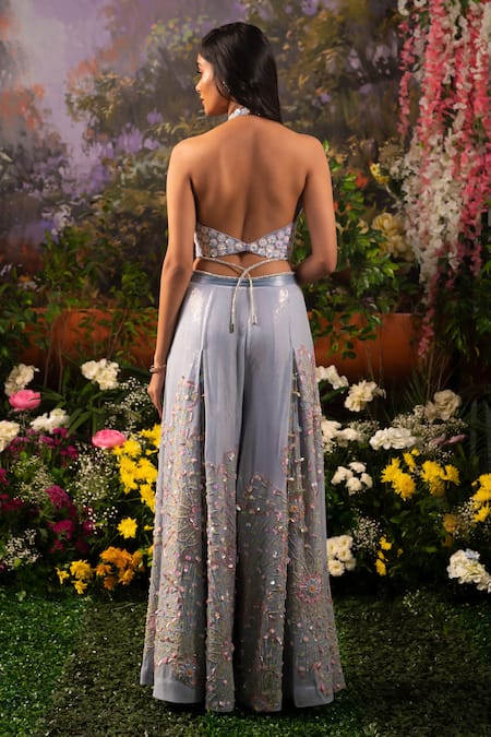 Shop Moledro Blue Silk, Georgette, Net Sequins, Embroidery Sophia Daisy Wide Legged Pant Set at Aza Fashions Shop_Moledro_Blue Silk, Georgette, Net Sequins, Embroidery Sophia Daisy Wide Legged Pant Set _at_Aza_Fashions