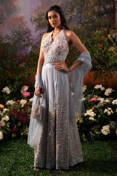 Moledro Blue Silk, Georgette, Net Sequins, Embroidery Sophia Daisy Wide Legged Pant Set Online at Aza Fashions Moledro_Blue Silk, Georgette, Net Sequins, Embroidery Sophia Daisy Wide Legged Pant Set _Online_at_Aza_Fashions