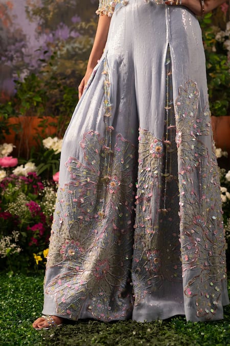 Moledro Blue Silk, Georgette, Net Sequins, Embroidery Sophia Daisy Wide Legged Pant Set at Aza Fashions Moledro_Blue Silk, Georgette, Net Sequins, Embroidery Sophia Daisy Wide Legged Pant Set _at_Aza_Fashions