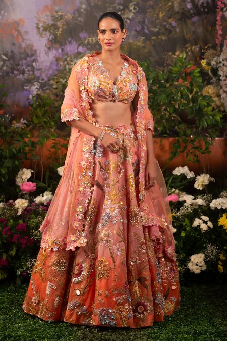 Buy_Moledro_Coral Organza, Net Sequins Plunge Neck Embroidered Lehenga Set _Online_at_Aza_Fashions