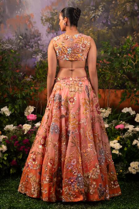 Moledro_Coral Organza, Net Sequins Plunge Neck Embroidered Lehenga Set _at_Aza_Fashions