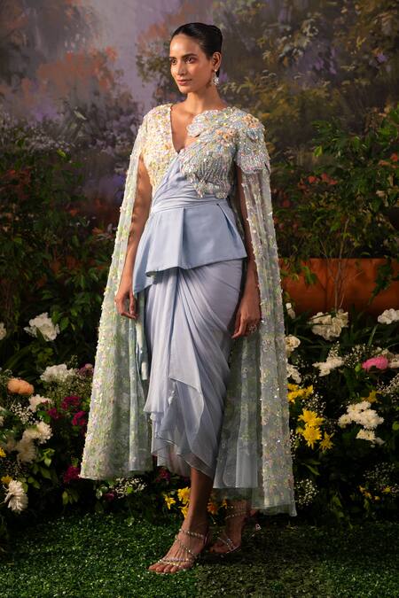 Moledro_Blue Modal, Satin, Organza Maha Embroidered Peplum Blouse And Draped Skirt Set _Online_at_Aza_Fashions