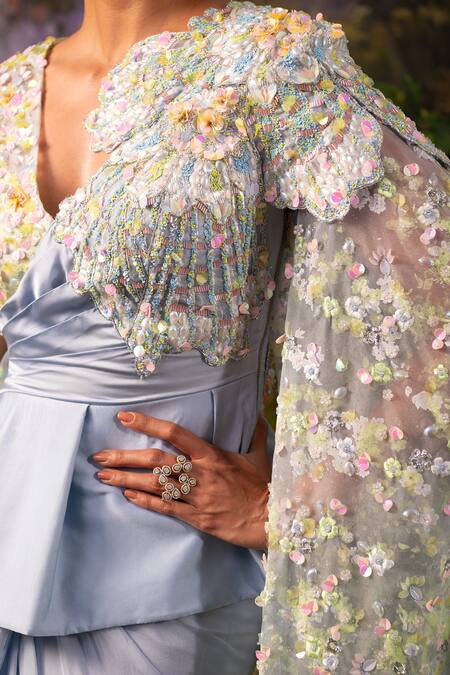 Shop_Moledro_Blue Modal, Satin, Organza Maha Embroidered Peplum Blouse And Draped Skirt Set _Online_at_Aza_Fashions