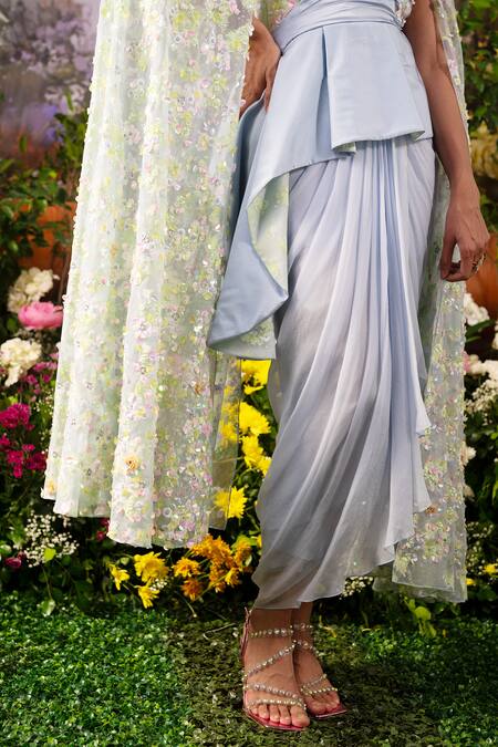 Moledro_Blue Modal, Satin, Organza Maha Embroidered Peplum Blouse And Draped Skirt Set _at_Aza_Fashions