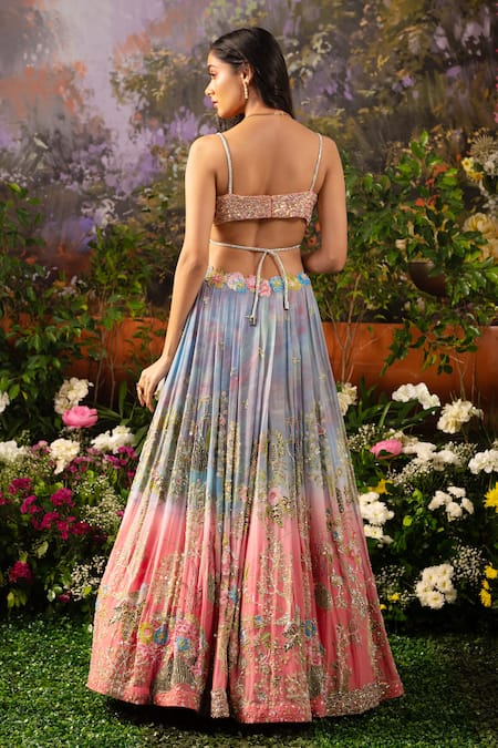 Moledro Blue Georgette, Net Sequins, Beads, Floral Embroidered Ombre Bridal Lehenga Set Online at Aza Fashions Moledro_Blue Georgette, Net Sequins, Beads, Floral Embroidered Ombre Bridal Lehenga Set _Online_at_Aza_Fashions