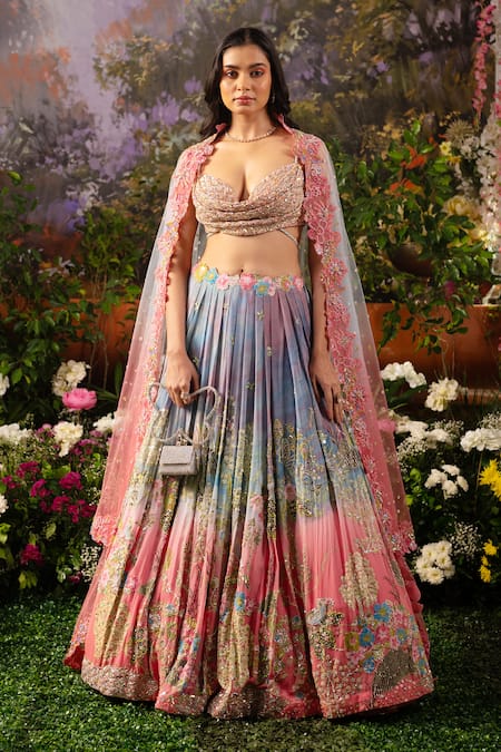 Buy Moledro Blue Georgette, Net Sequins, Beads, Floral Embroidered Ombre Bridal Lehenga Set Online at Aza Fashions Buy_Moledro_Blue Georgette, Net Sequins, Beads, Floral Embroidered Ombre Bridal Lehenga Set _Online_at_Aza_Fashions