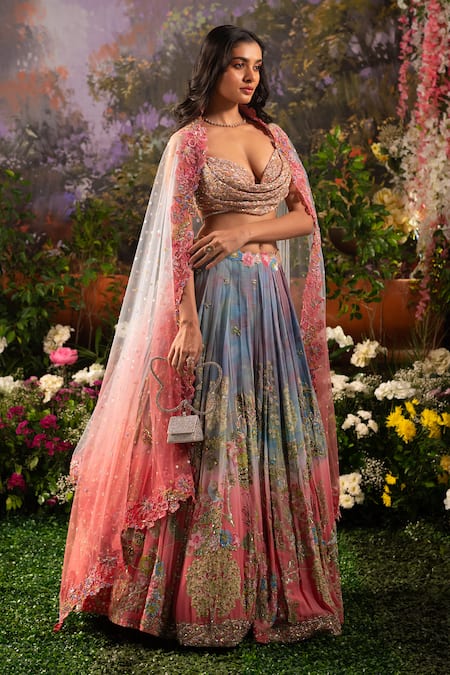 Shop Moledro Blue Georgette, Net Sequins, Beads, Floral Embroidered Ombre Bridal Lehenga Set Online at Aza Fashions Shop_Moledro_Blue Georgette, Net Sequins, Beads, Floral Embroidered Ombre Bridal Lehenga Set _Online_at_Aza_Fashions
