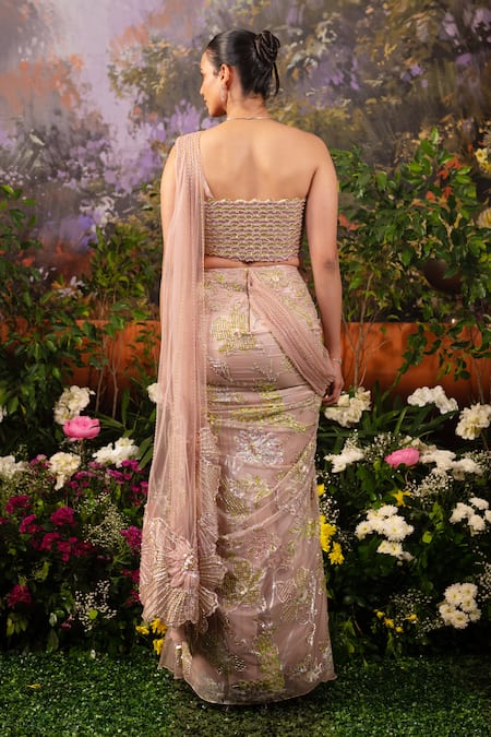 Shop Moledro Pink Silk, Brocade Crystals, Anya Embroidered Pre-draped Saree With Blouse at Aza Fashions Shop_Moledro_Pink Silk, Brocade Crystals, Anya Embroidered Pre-draped Saree With Blouse _at_Aza_Fashions