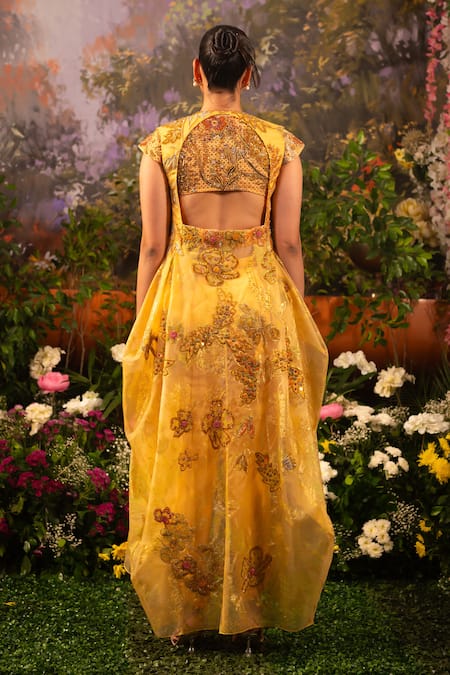 Shop Moledro Yellow Taffeta, Modal Beads, Sequins Keya Embroidered Draped Pant Set With Cape at Aza Fashions Shop_Moledro_Yellow Taffeta, Modal Beads, Sequins Keya Embroidered Draped Pant Set With Cape _at_Aza_Fashions