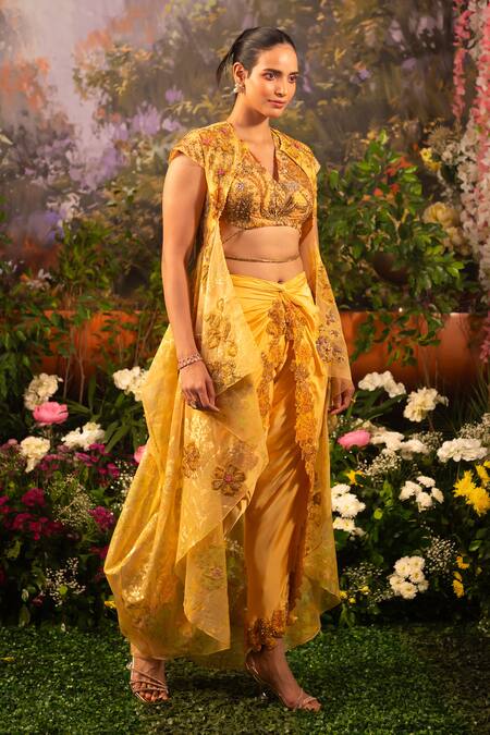 Moledro Yellow Taffeta, Modal Beads, Sequins Keya Embroidered Draped Pant Set With Cape Online at Aza Fashions Moledro_Yellow Taffeta, Modal Beads, Sequins Keya Embroidered Draped Pant Set With Cape _Online_at_Aza_Fashions