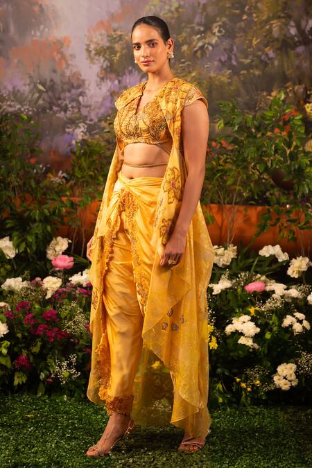 Buy Moledro Yellow Taffeta, Modal Beads, Sequins Keya Embroidered Draped Pant Set With Cape Online at Aza Fashions Buy_Moledro_Yellow Taffeta, Modal Beads, Sequins Keya Embroidered Draped Pant Set With Cape _Online_at_Aza_Fashions