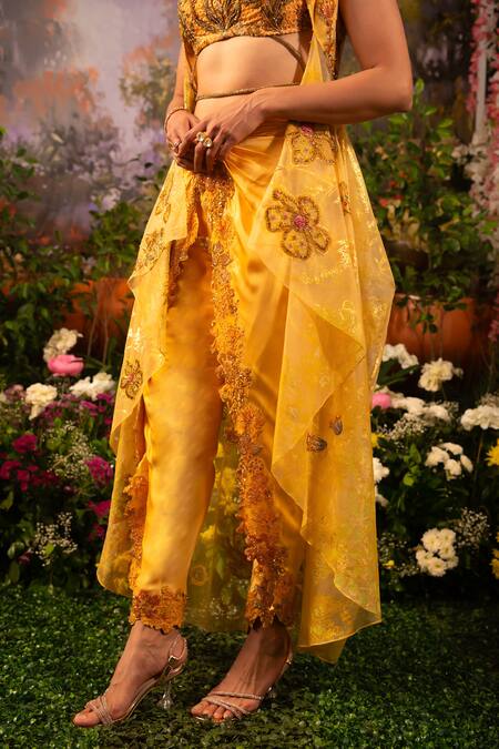 Moledro Yellow Taffeta, Modal Beads, Sequins Keya Embroidered Draped Pant Set With Cape at Aza Fashions Moledro_Yellow Taffeta, Modal Beads, Sequins Keya Embroidered Draped Pant Set With Cape _at_Aza_Fashions
