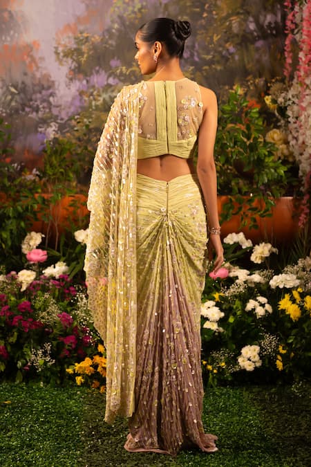 Moledro Green Georgette, Net Sequins, Caylie Pre-draped Ombre Saree With Blouse Online at Aza Fashions Moledro_Green Georgette, Net Sequins, Caylie Pre-draped Ombre Saree With Blouse _Online_at_Aza_Fashions