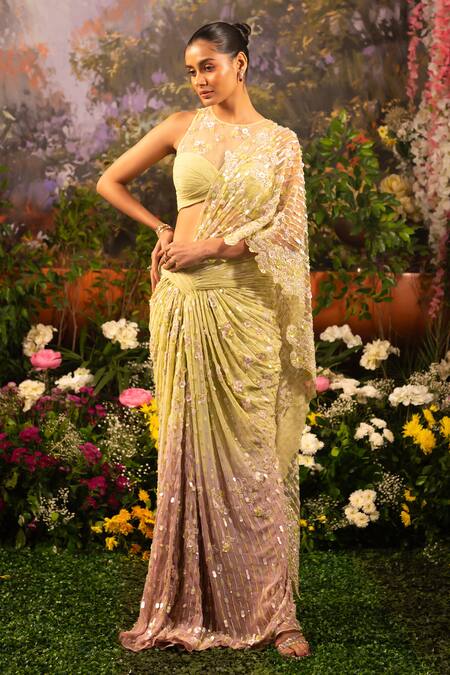 Buy Moledro Green Georgette, Net Sequins, Caylie Pre-draped Ombre Saree With Blouse Online at Aza Fashions Buy_Moledro_Green Georgette, Net Sequins, Caylie Pre-draped Ombre Saree With Blouse _Online_at_Aza_Fashions