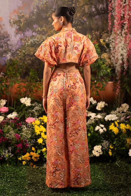 Shop Moledro Coral Organza Beads, Sequins Open Neck Embroidered Jacket And Sharara Set at Aza Fashions Shop_Moledro_Coral Organza Beads, Sequins Open Neck Embroidered Jacket And Sharara Set _at_Aza_Fashions