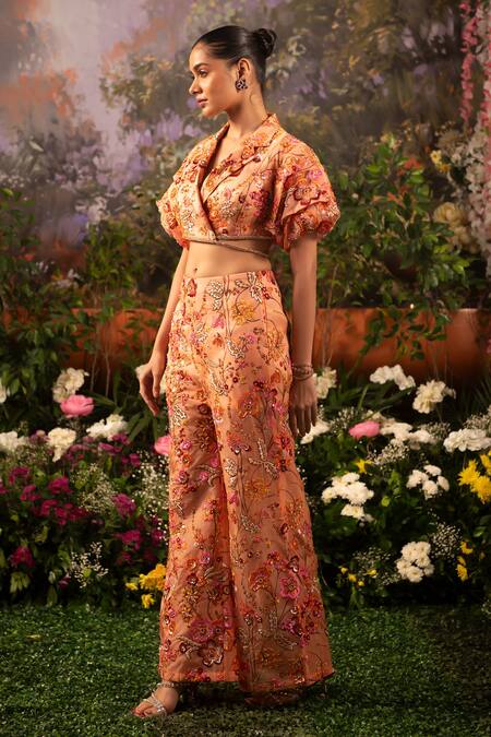 Moledro Coral Organza Beads, Sequins Open Neck Embroidered Jacket And Sharara Set Online at Aza Fashions Moledro_Coral Organza Beads, Sequins Open Neck Embroidered Jacket And Sharara Set _Online_at_Aza_Fashions