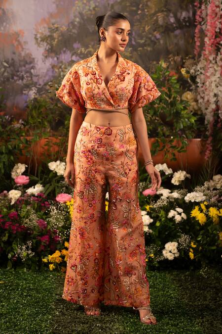 Buy Moledro Coral Organza Beads, Sequins Open Neck Embroidered Jacket And Sharara Set Online at Aza Fashions Buy_Moledro_Coral Organza Beads, Sequins Open Neck Embroidered Jacket And Sharara Set _Online_at_Aza_Fashions