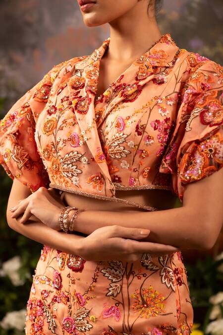 Moledro Coral Organza Beads, Sequins Open Neck Embroidered Jacket And Sharara Set at Aza Fashions Moledro_Coral Organza Beads, Sequins Open Neck Embroidered Jacket And Sharara Set _at_Aza_Fashions