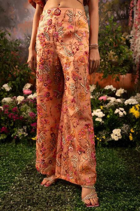 Buy Moledro Coral Organza Beads, Sequins Open Neck Embroidered Jacket And Sharara Set Buy_Moledro_Coral Organza Beads, Sequins Open Neck Embroidered Jacket And Sharara Set