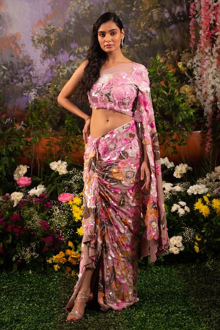Buy_Moledro_Pink Georgette, Linen Sequins, Beads One Jazmin Saree Skirt With Draped Blouse _Online_at_Aza_Fashions