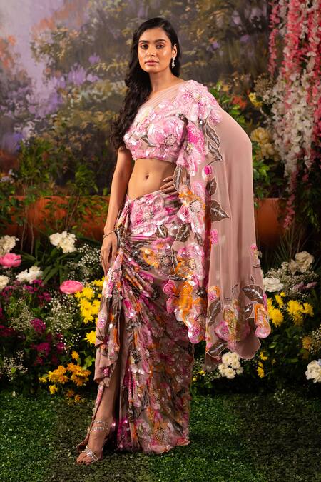 Moledro_Pink Georgette, Linen Sequins, Beads One Jazmin Saree Skirt With Draped Blouse _at_Aza_Fashions
